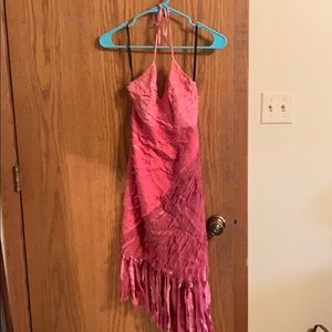 Bebe pink ombré gauze fringe halter dress